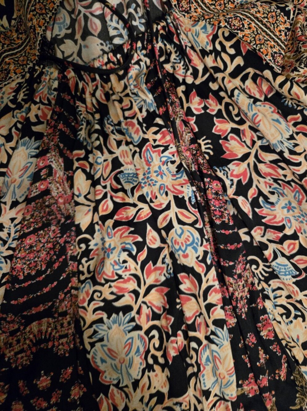 Free People Black Floral Boho Maxi Dress with Peach and Teal Accents - Picture 5 of 7